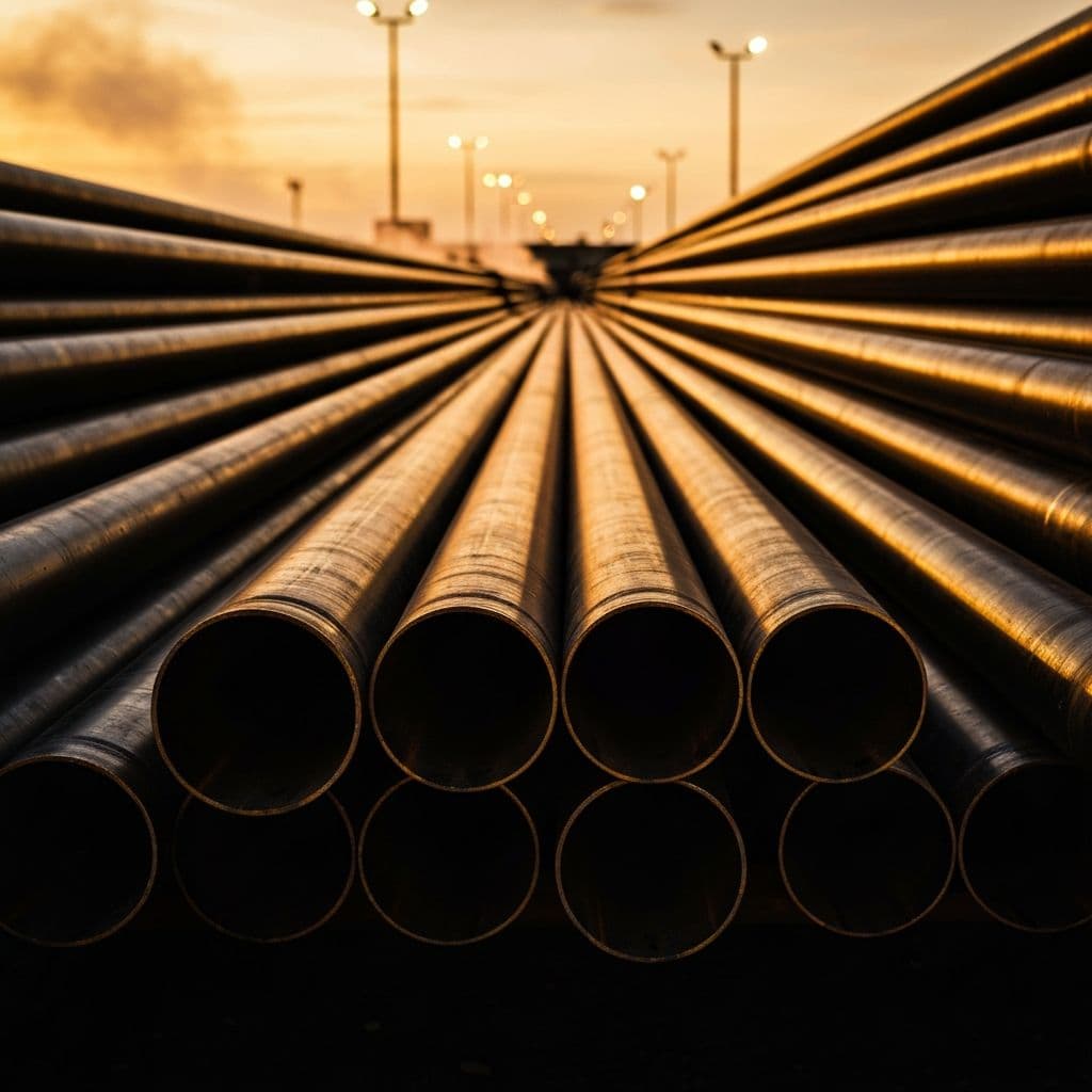 Black iron ducktail pipes stacked at an industrial supply yard at golden hour