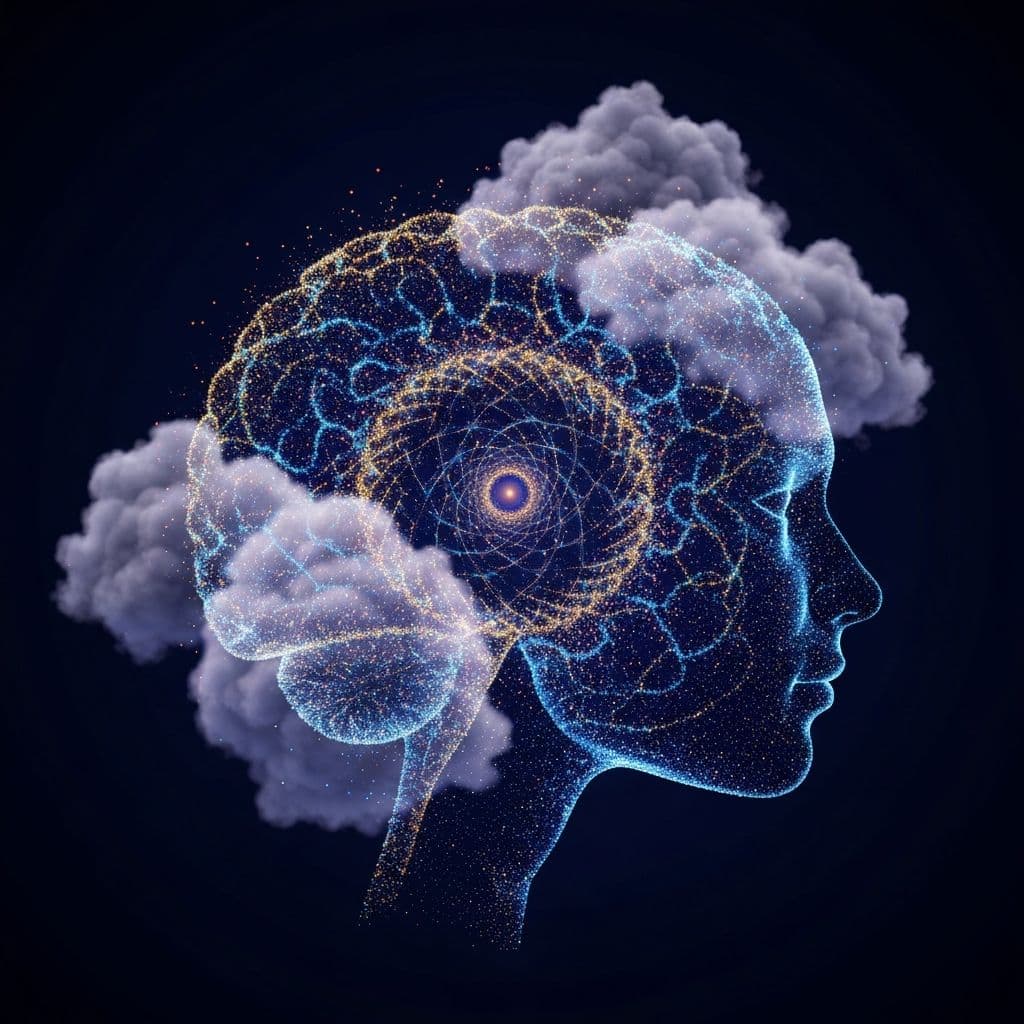 Quantum visualization of interconnected neural pathways in deep blue and gold