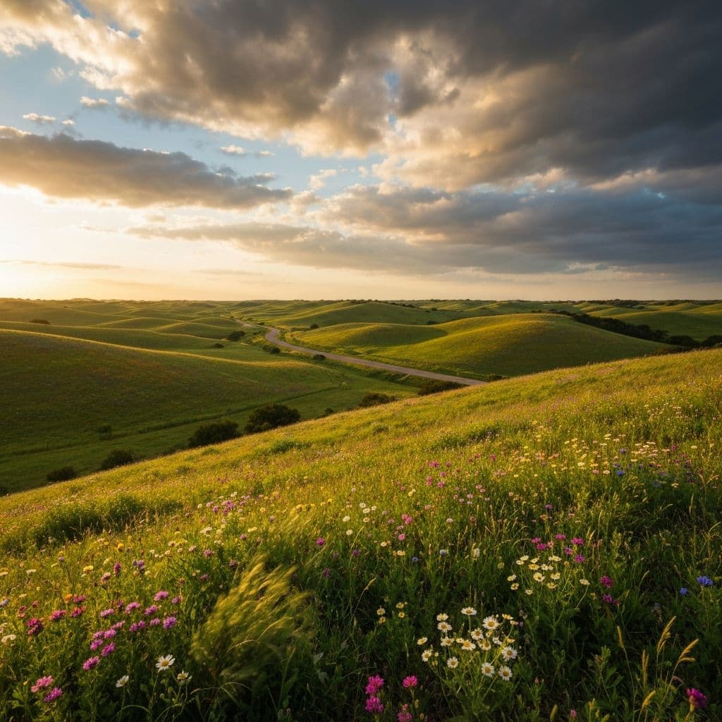 Rolling Texas Hill Country at golden hour with wildflowers